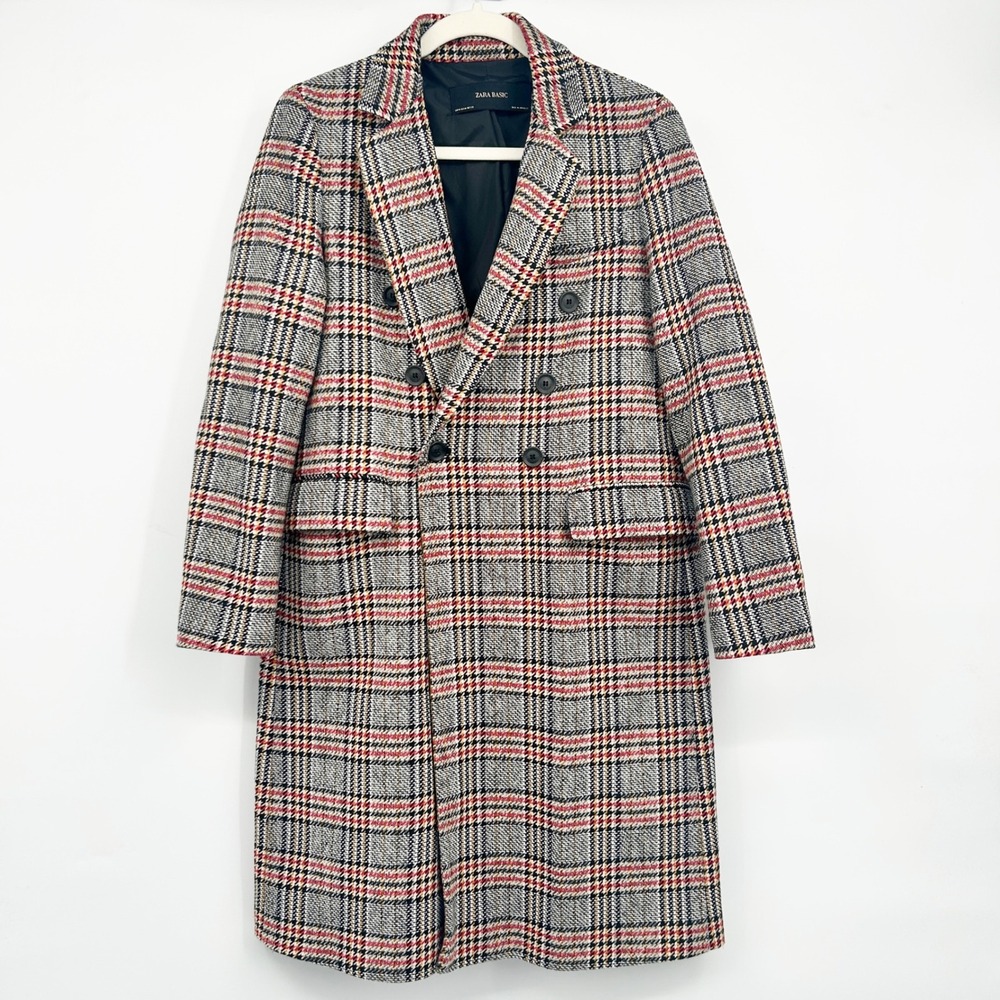 Zara Womens Plaid Wool‎ Blend Double Breasted Dark Academia Longline Coat Size M